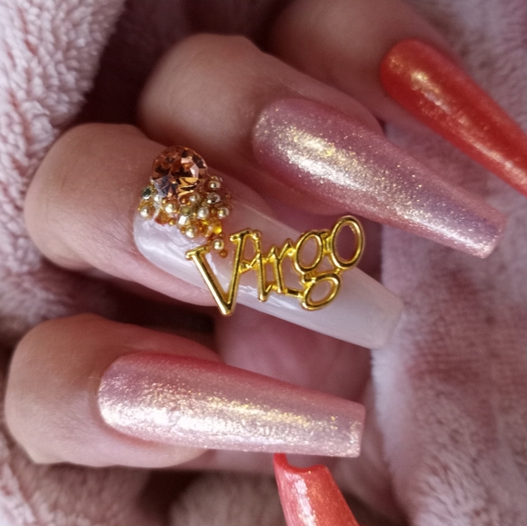 Virgo horoscope birth sign Peach coral luxury presson nails - Picture 2 of 3